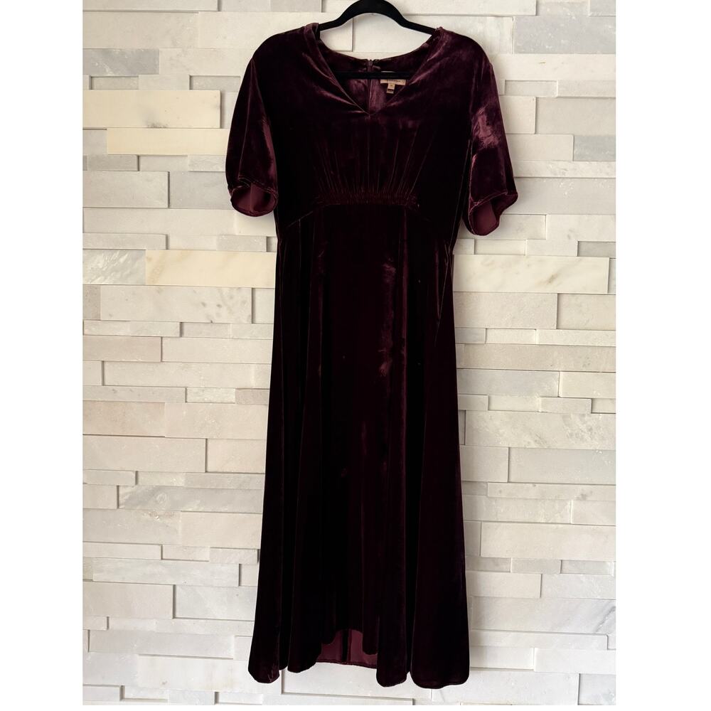 KACHEL BY ANTHROPOLOGIE Silk Velvet V-neck Short Sleeve Midi Dress 12 Burgundy